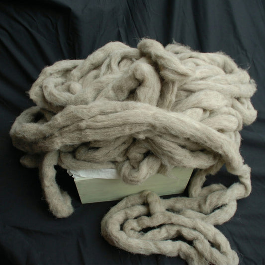 Coiled beige wool roving on a black background
