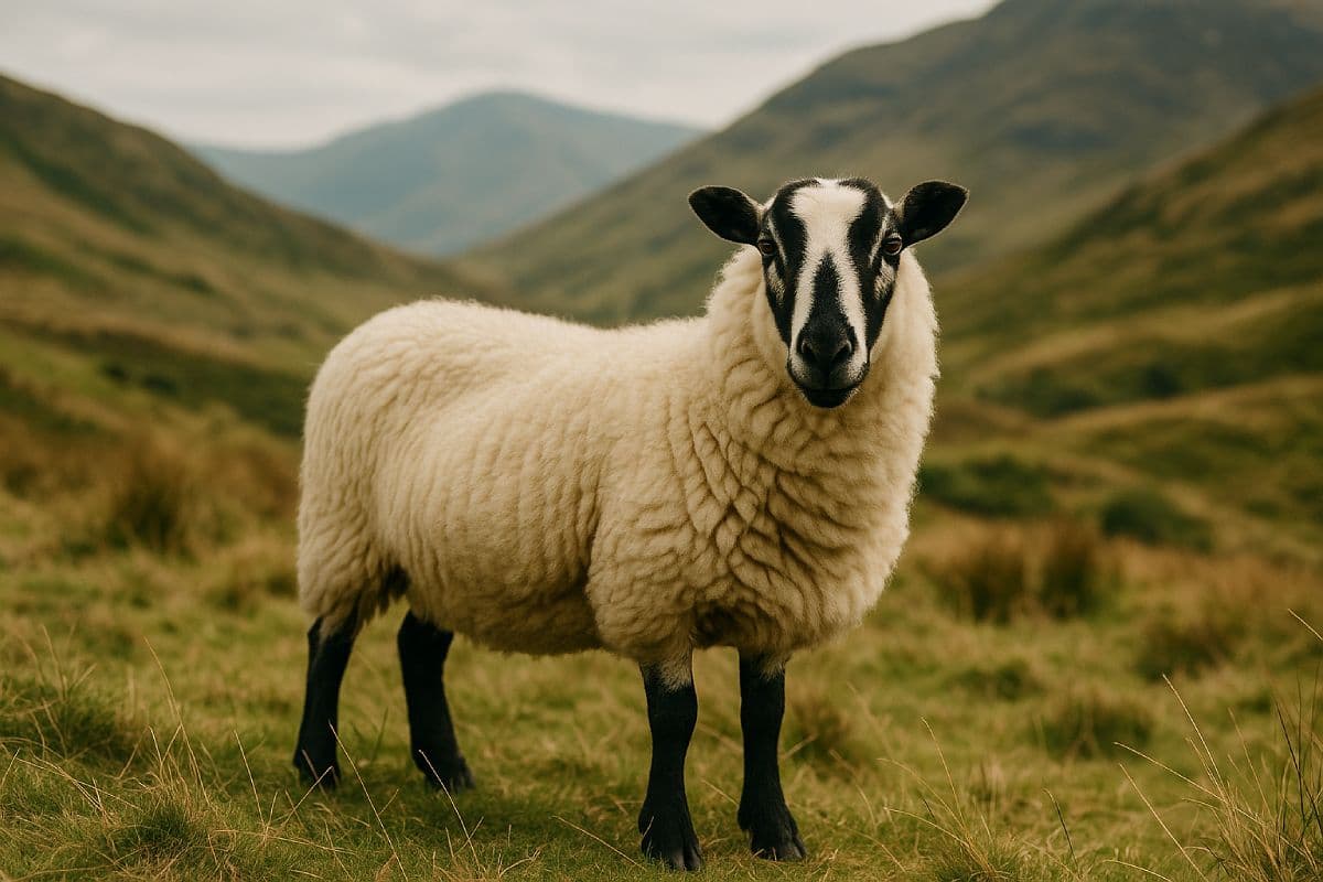A Badger Face Welsh Mountain sheep with a black and white face standing in a grassy field with mountains in the background