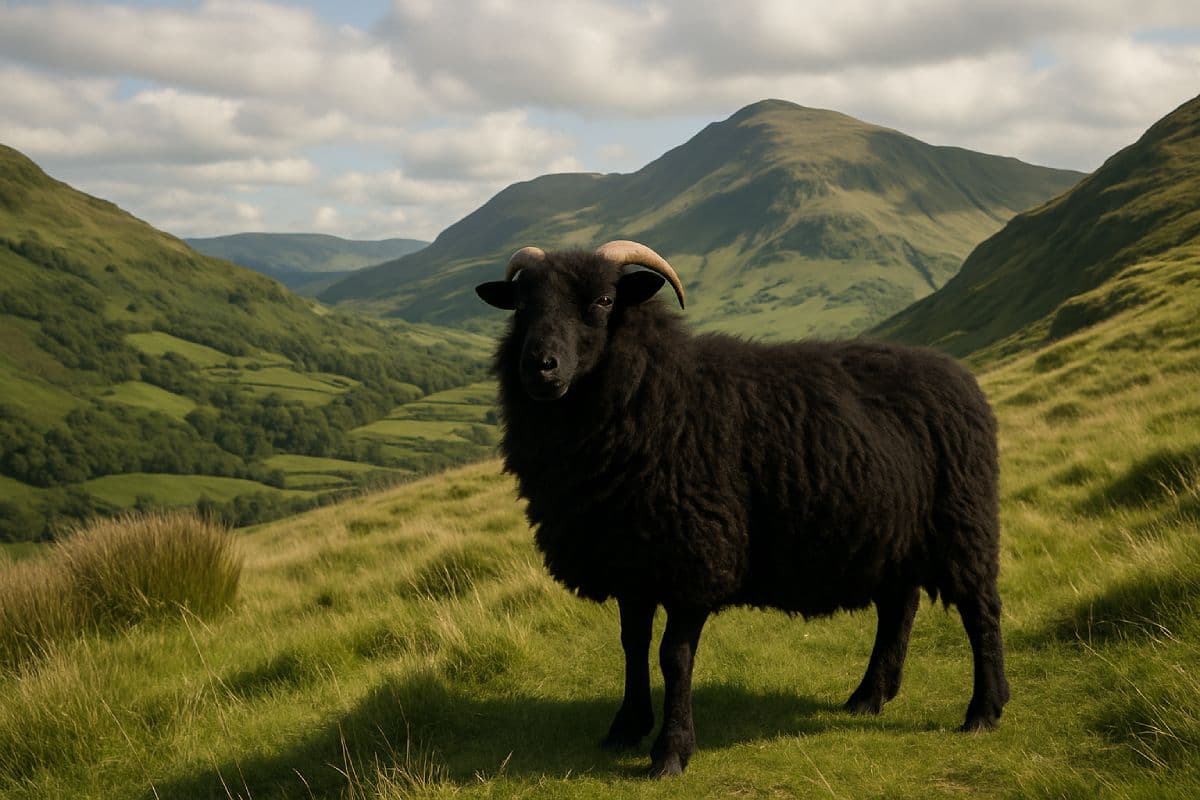 A Black Welsh Mountain Goat sheep standing in a grassy field with mountains in the background
