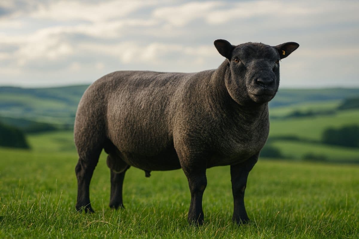 Black sheep standing in a green field with rolling hills in the background