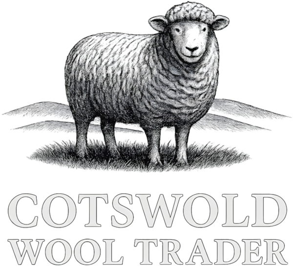 Illustration of a sheep with 'Cotswold Wool Trader' text below