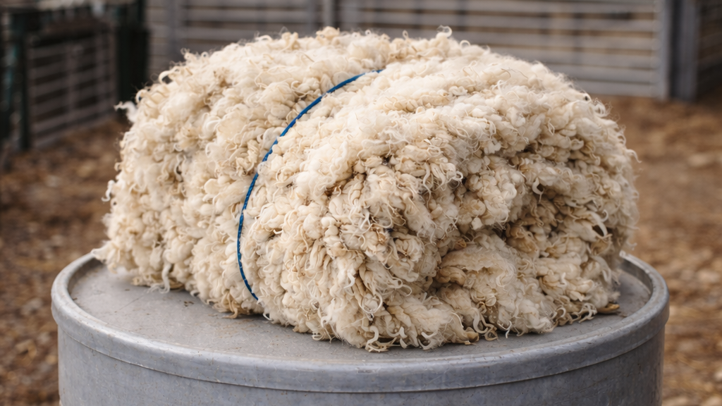 Rolled wool on a metal barrel with wooden crates in the background