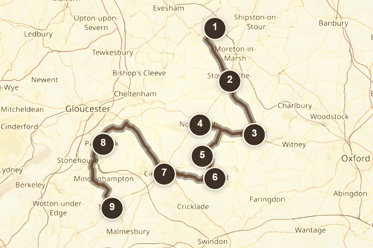 Map of a route through Cotswolds towns and villages in Gloucestershire, England, with numbered waypoints on a beige background