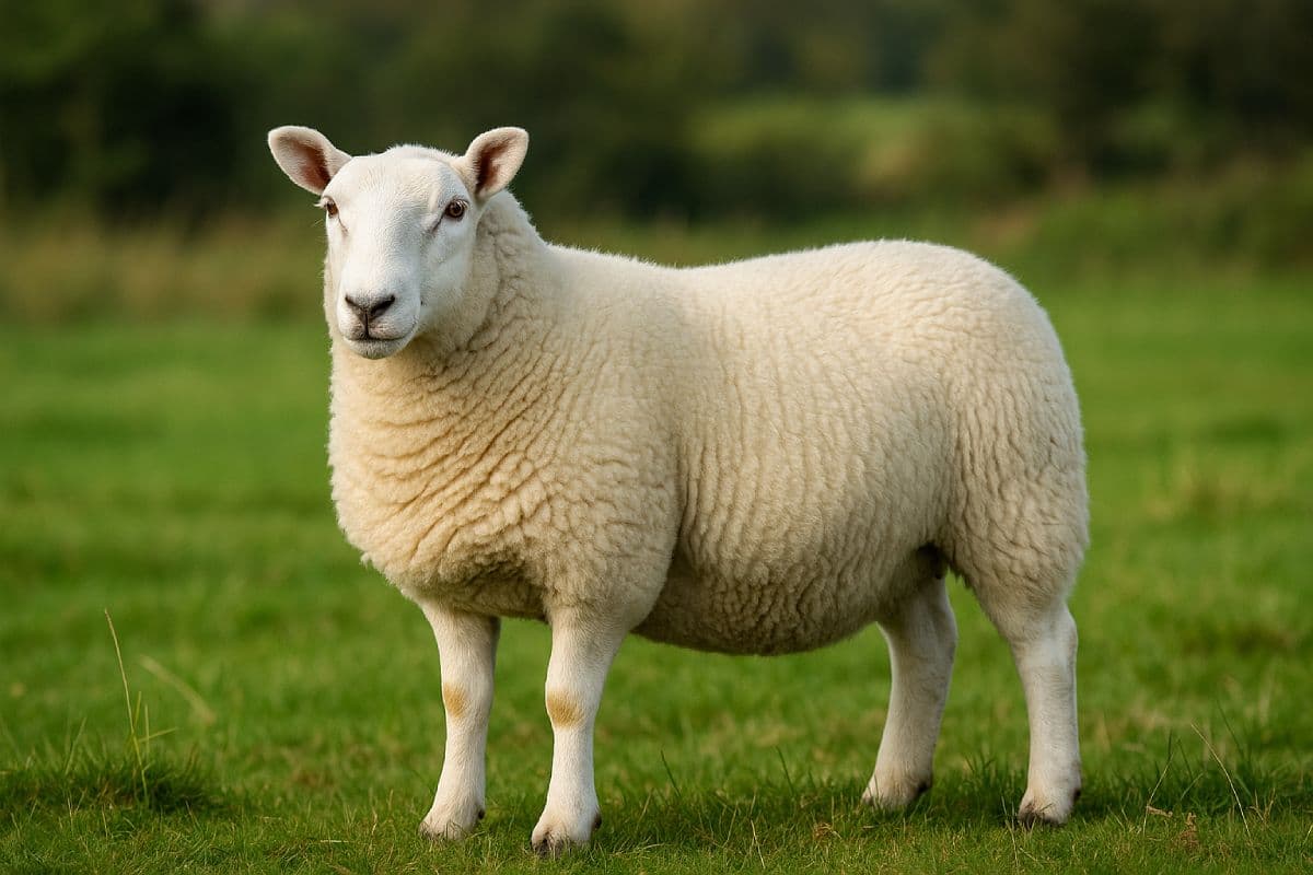 A white Lleyn sheep standing in a grassy field