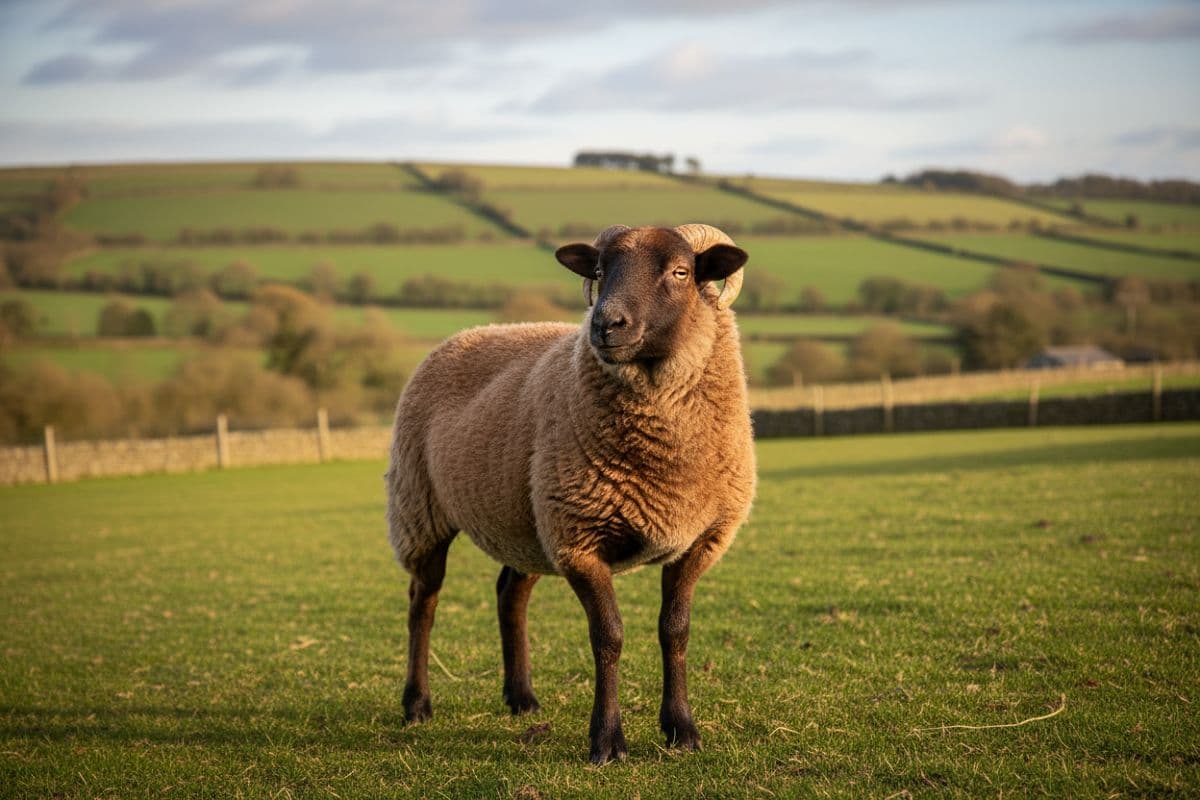 A Portland Sheep standing in a grassy field with a scenic background