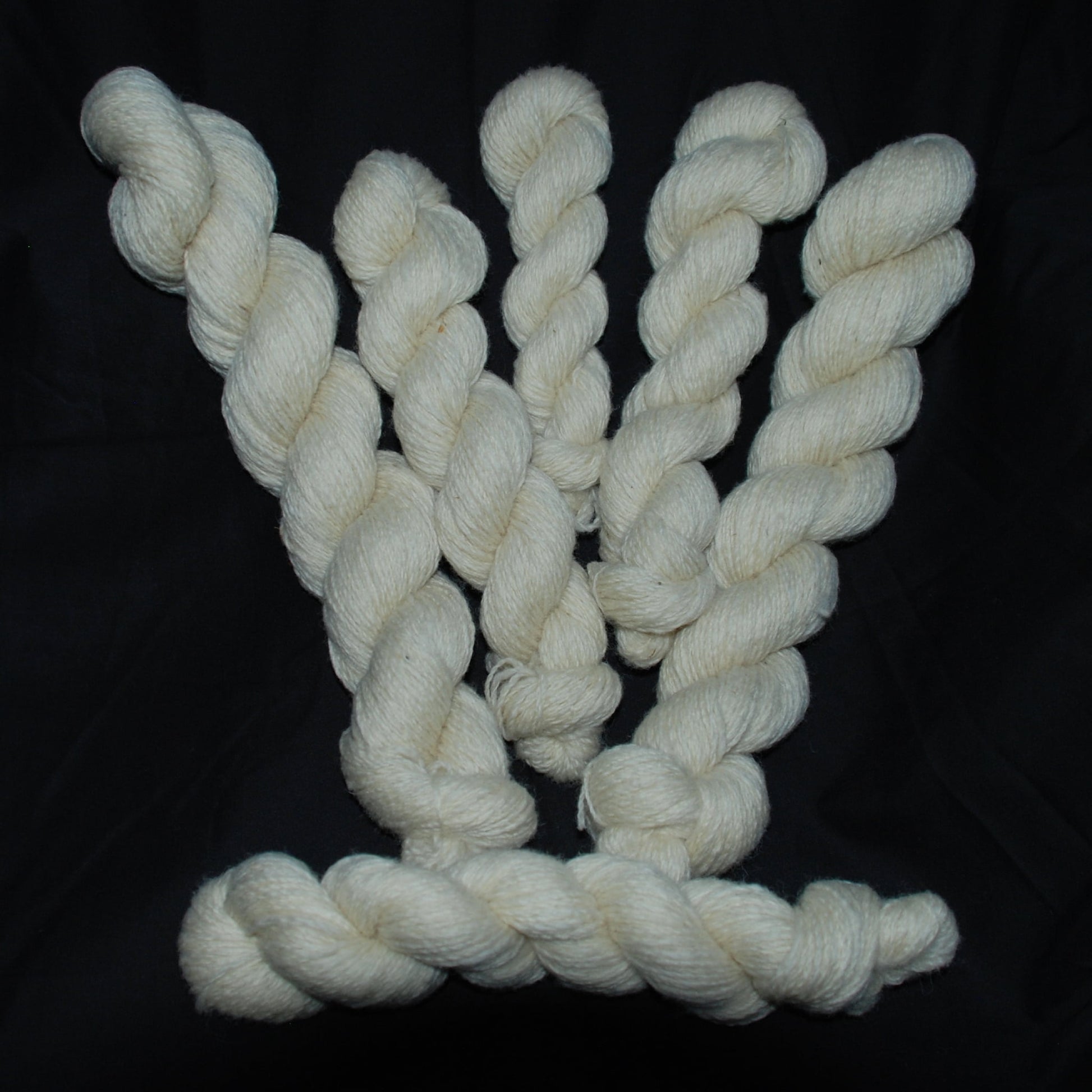 Natural white Romney wool yarn on a black background