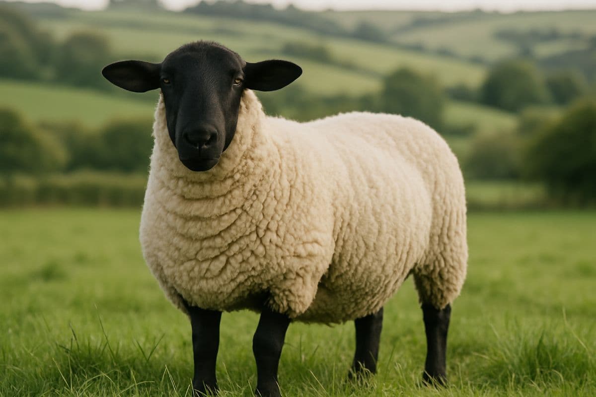 A Suffolk Sheep standing in a grassy field with a blurred background