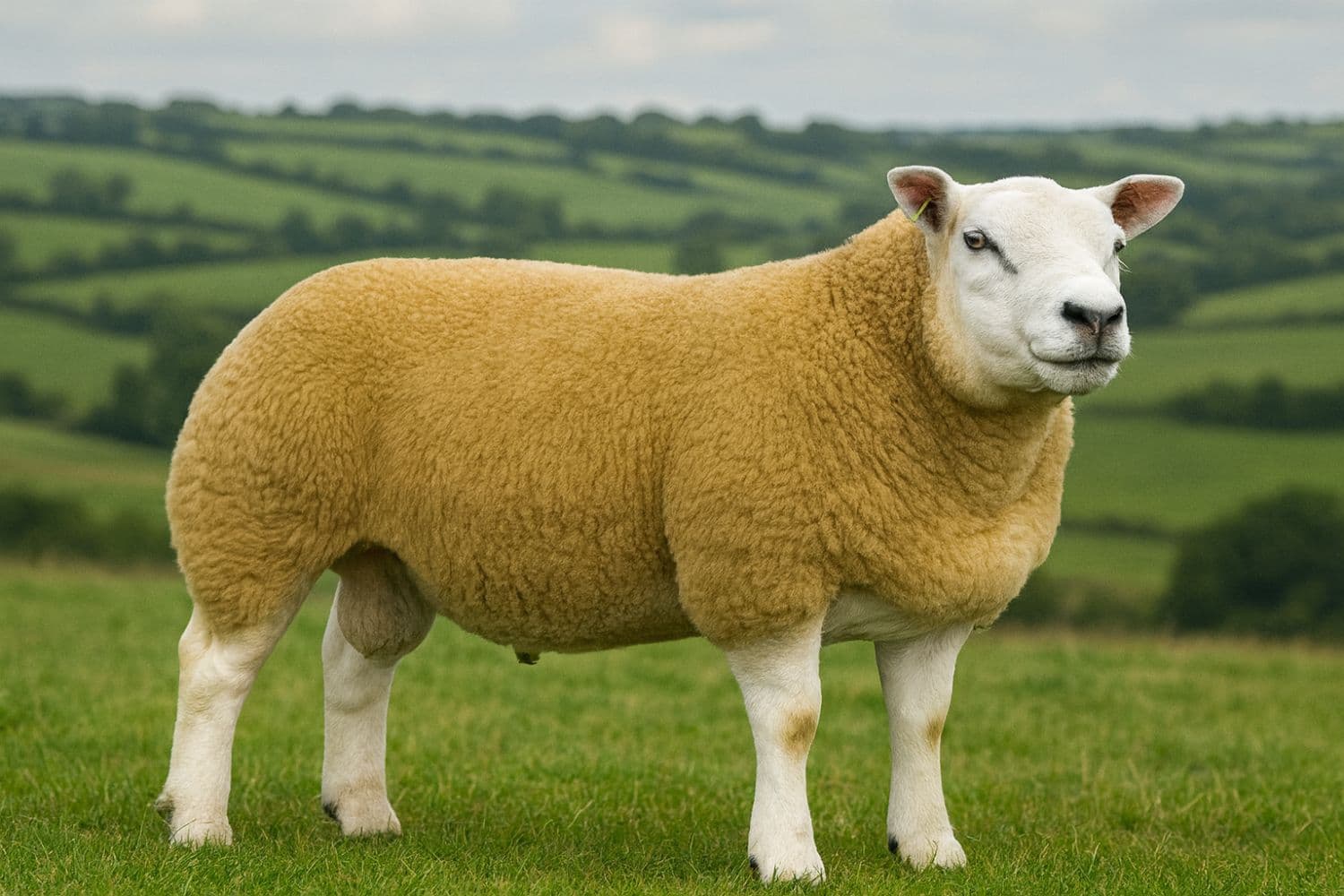Sheep standing in a green field with rolling hills in the background