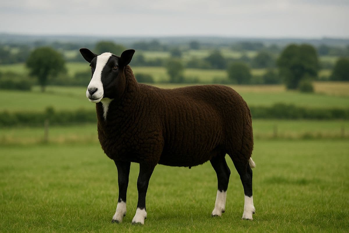 A Zwarbles sheep with brown coat and a white face standing in a green field